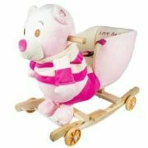 Balansoar pentru bebelusi, Ursulet, lemn + plus, cu rotile, roz, 55 cm imagine
