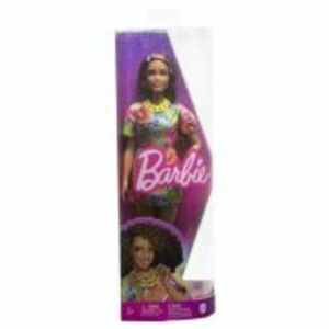 Papusa Barbie Fashionista satena cu rochie cu imprimeu good vibes imagine