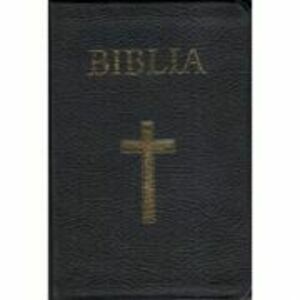 Biblia medie, 063, coperta piele, neagra, cu cruce, margini aurii, repertoar imagine